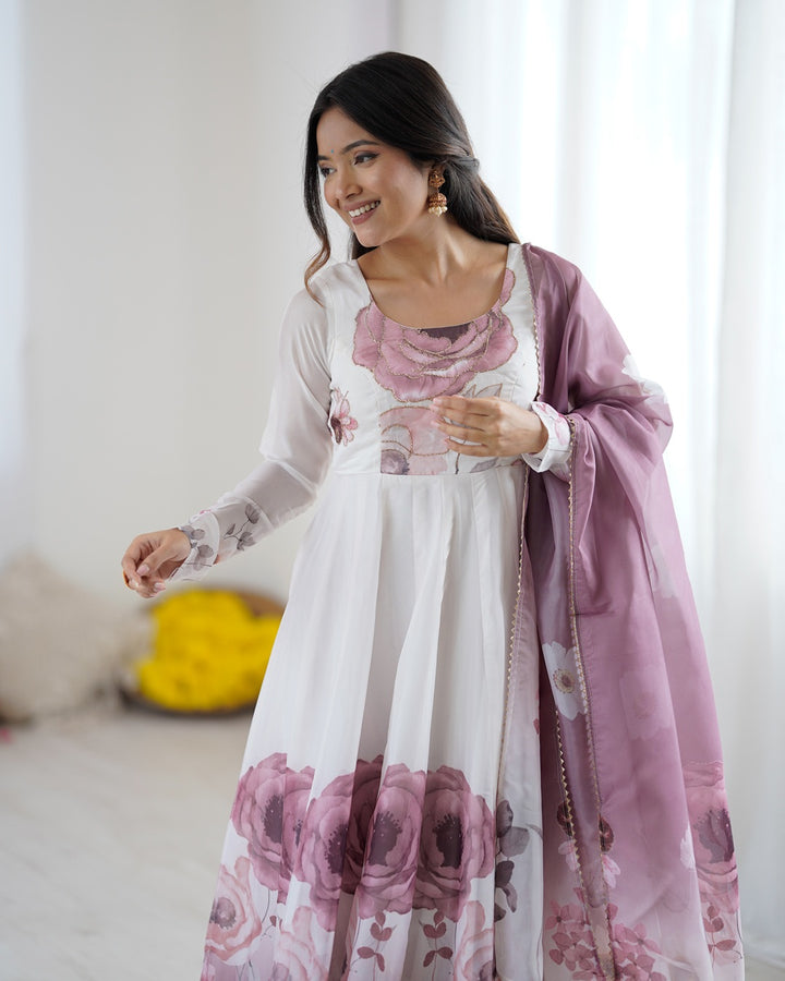 Onion Pink Floral Organza Three-Piece Anarkali Suit