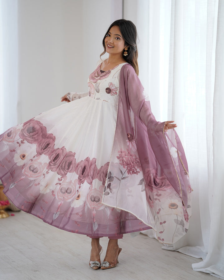 Onion Pink Floral Organza Three-Piece Anarkali Suit