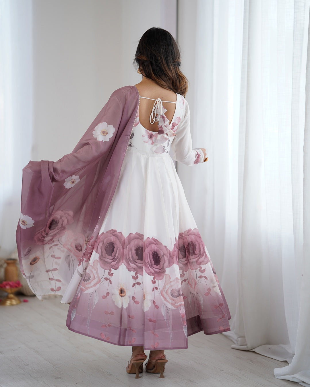 Onion Pink Floral Organza Three-Piece Anarkali Suit