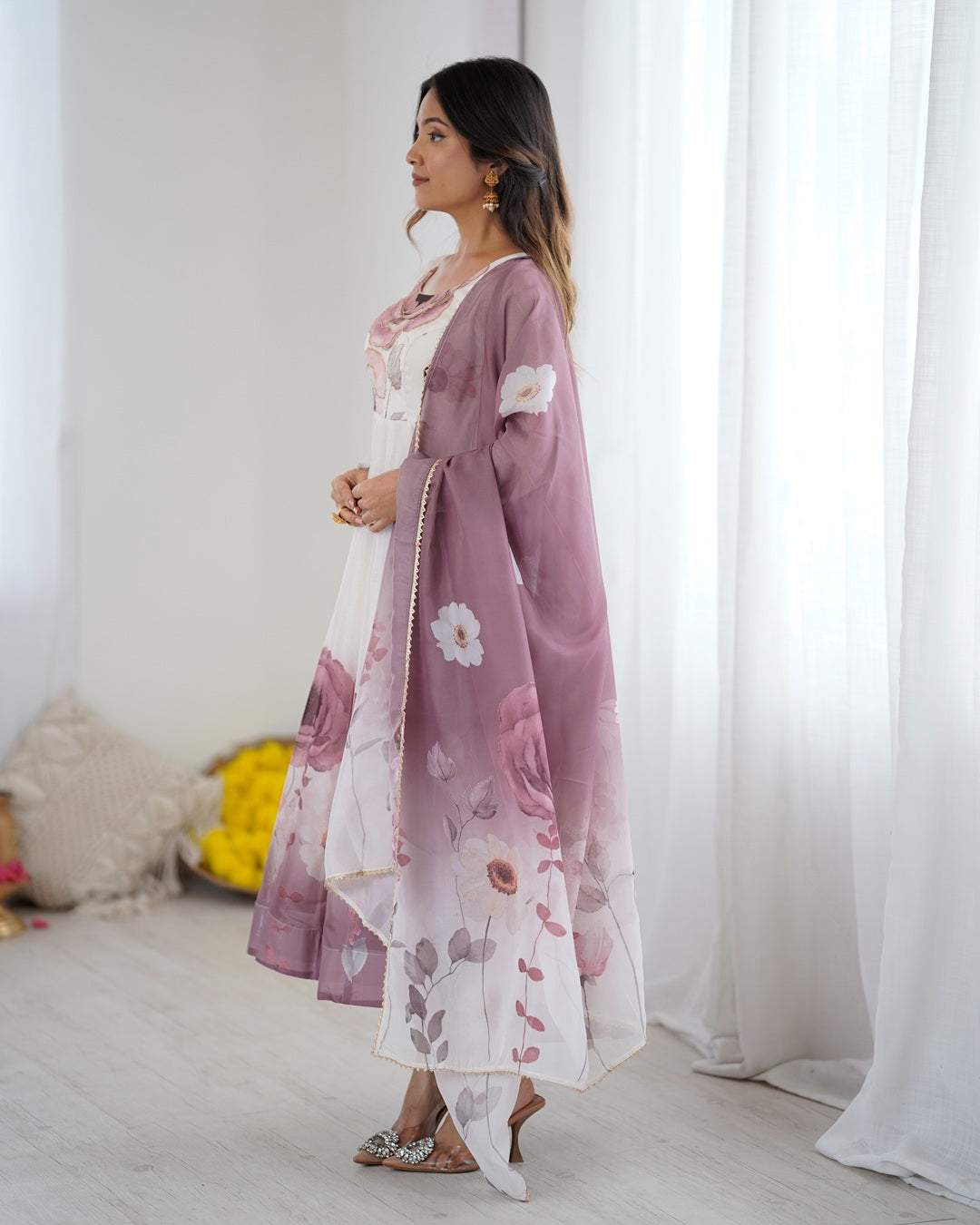 Onion Pink Floral Organza Three-Piece Anarkali Suit