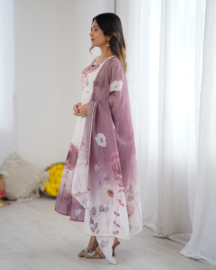 Onion Pink Floral Organza Three-Piece Anarkali Suit