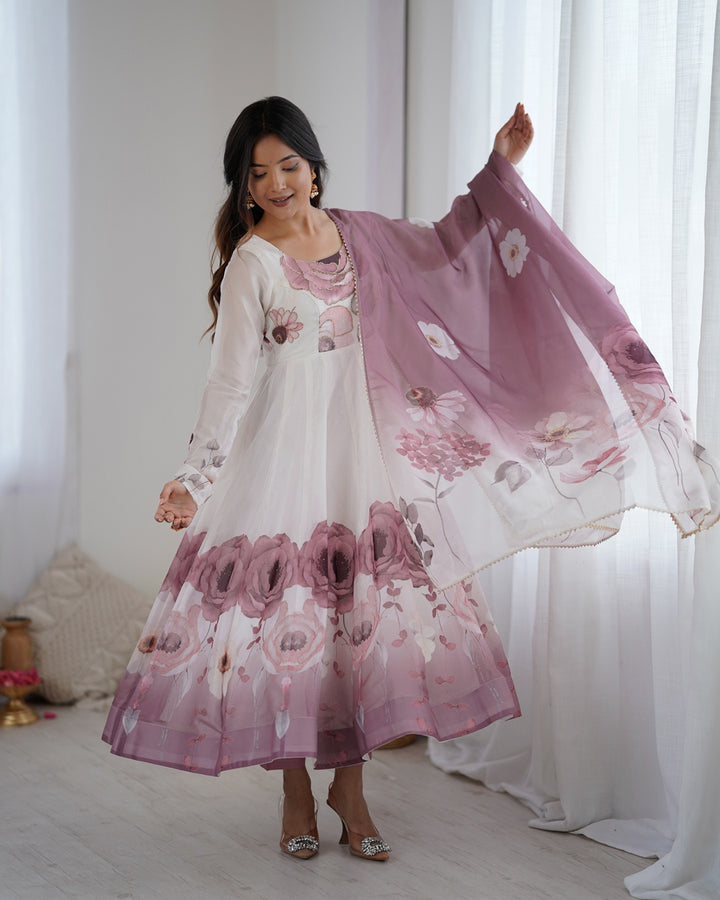 Onion Pink Floral Organza Three-Piece Anarkali Suit