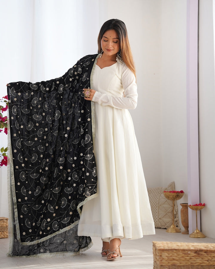 White Color Soft Vichitra Silk Anarkali With Black Dupatta