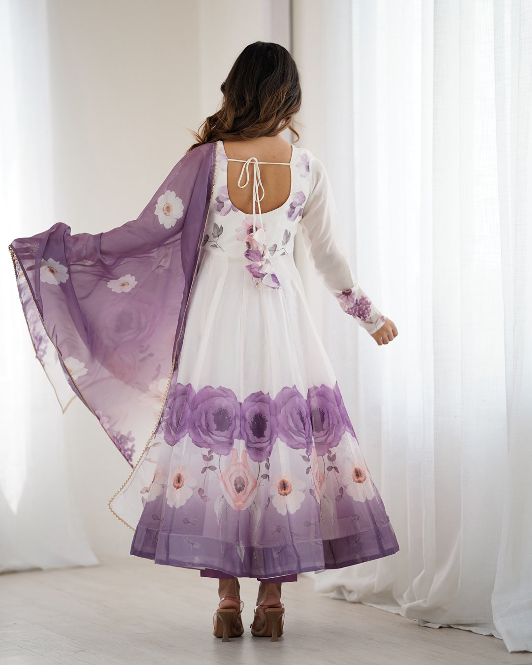 Violet Floral Print Organza Anarkali Suit (3-Piece Set)