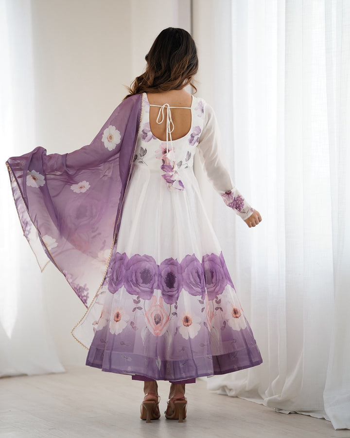 Violet Floral Print Organza Anarkali Suit (3-Piece Set)