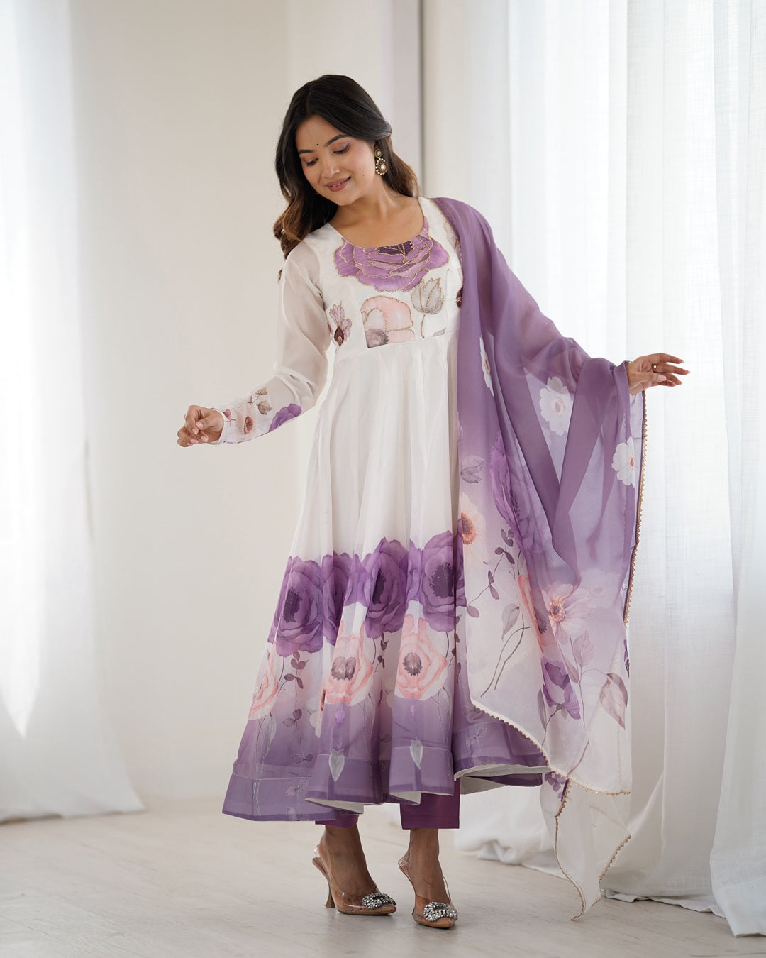 Violet Floral Print Organza Anarkali Suit (3-Piece Set)