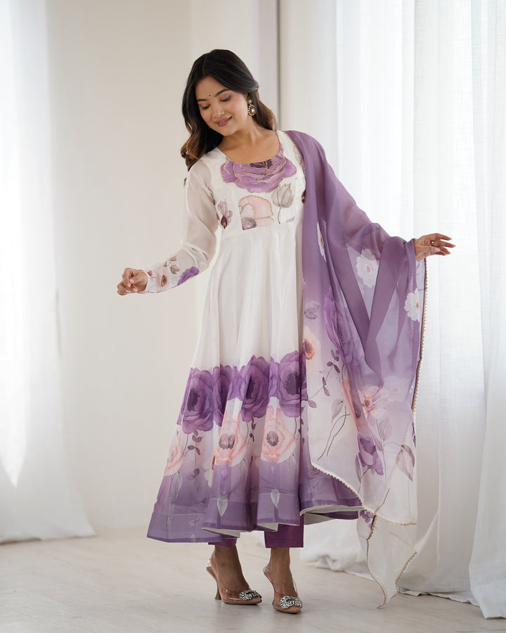 Violet Floral Print Organza Anarkali Suit (3-Piece Set)