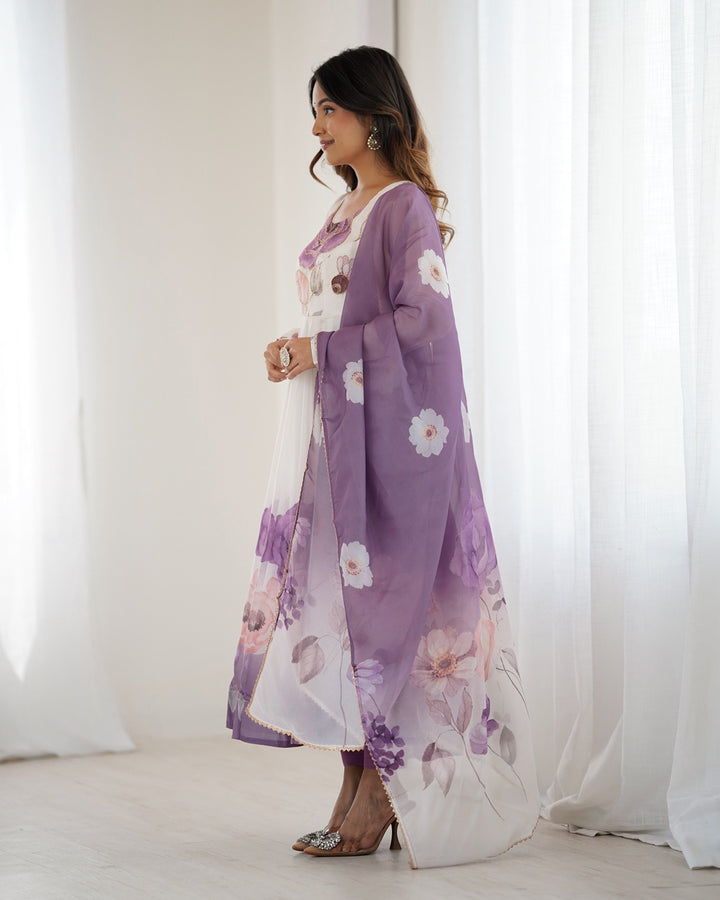 Violet Floral Print Organza Anarkali Suit (3-Piece Set)