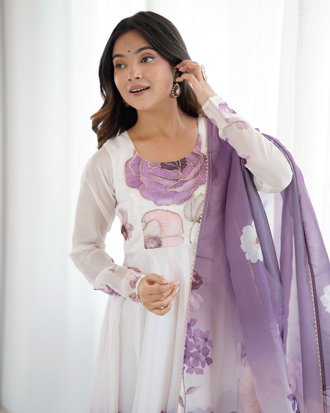 Violet Floral Print Organza Anarkali Suit (3-Piece Set)