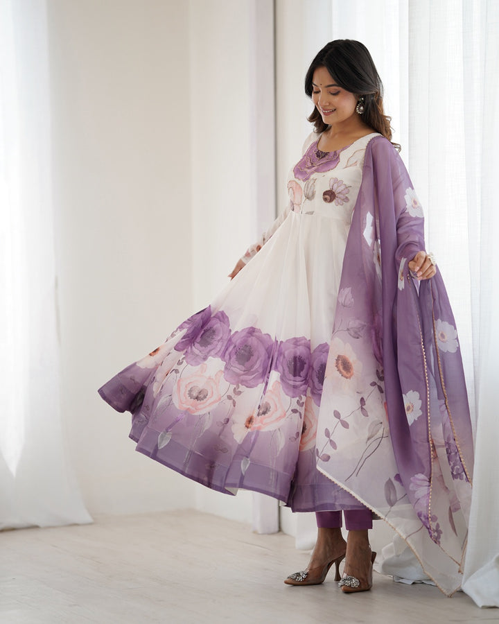 Violet Floral Print Organza Anarkali Suit (3-Piece Set)