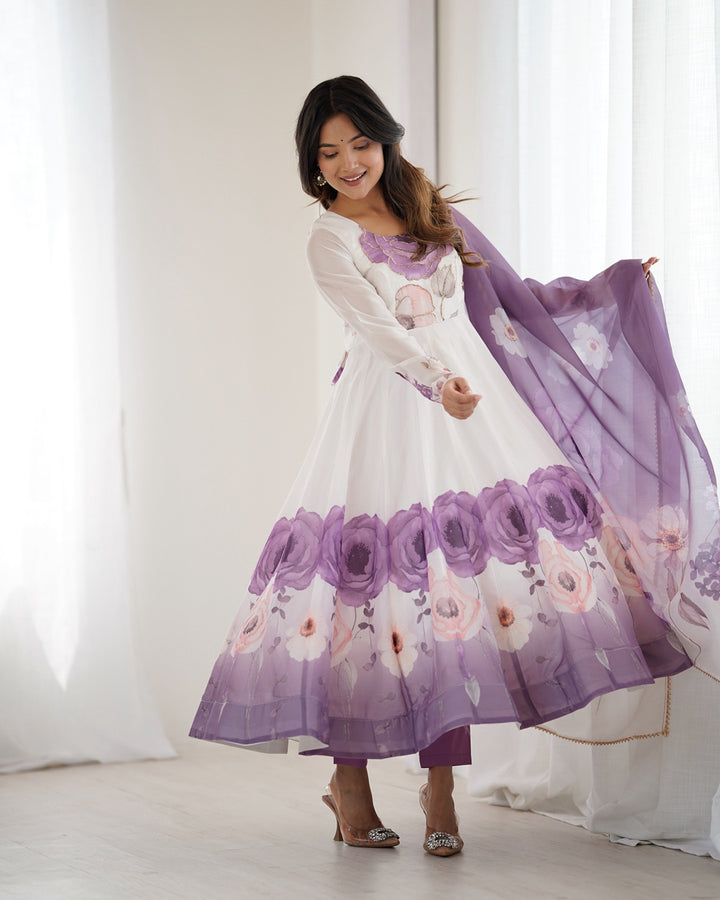 Violet Floral Print Organza Anarkali Suit (3-Piece Set)