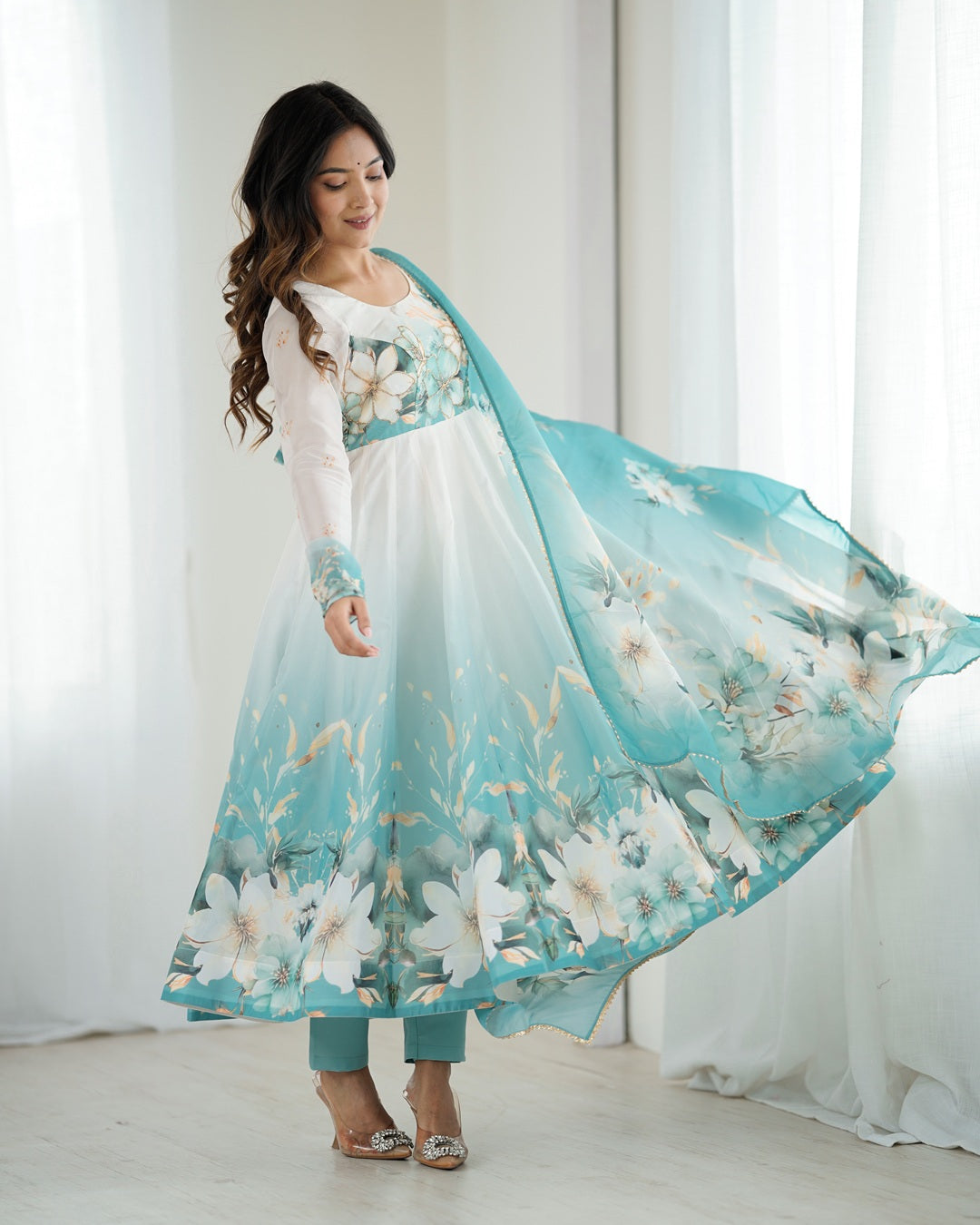 Aqua Blue Floral Print Organza Anarkali Suit (3-Piece Set)