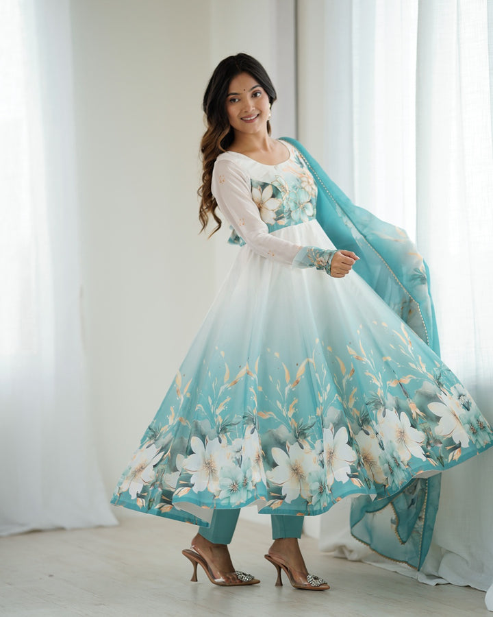 Aqua Blue Floral Print Organza Anarkali Suit (3-Piece Set)