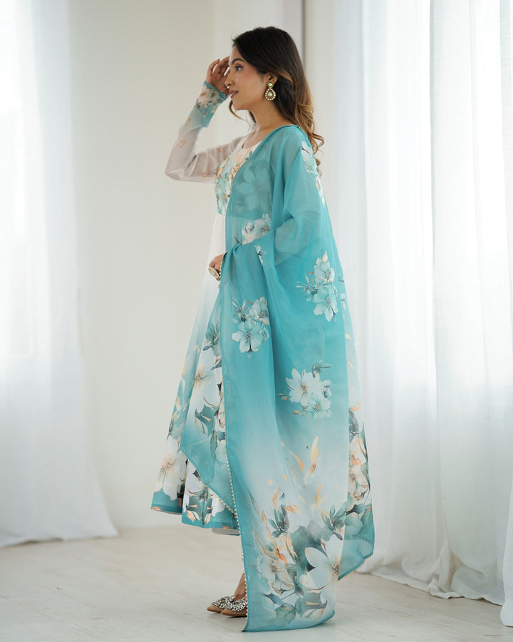 Aqua Blue Floral Print Organza Anarkali Suit (3-Piece Set)