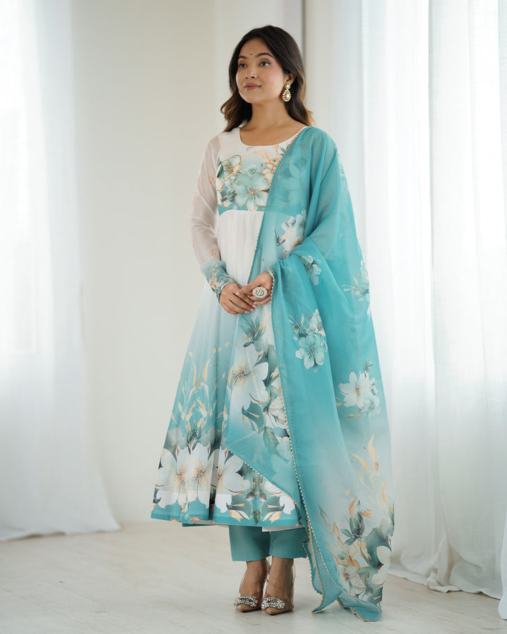 Aqua Blue Floral Print Organza Anarkali Suit (3-Piece Set)