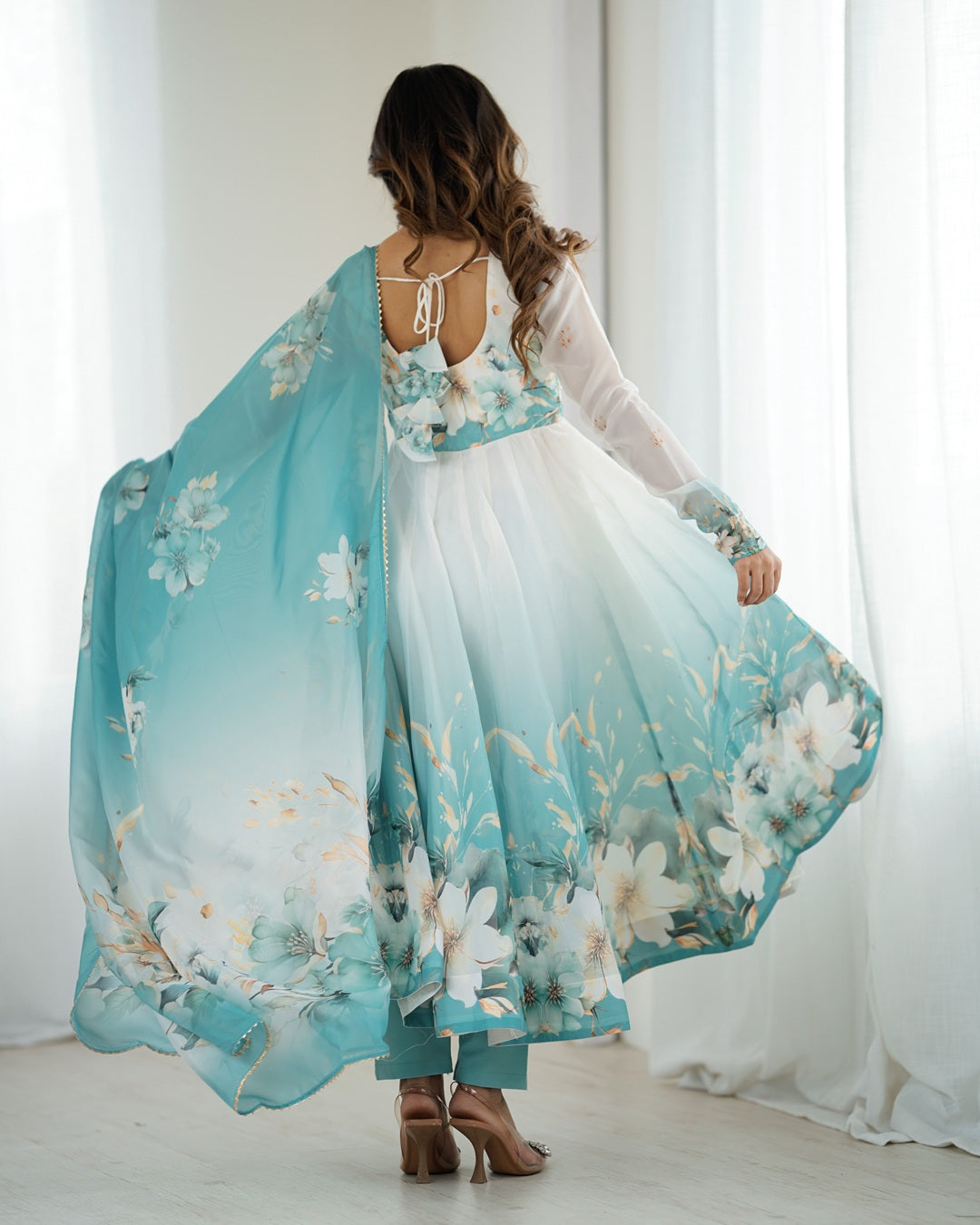 Aqua Blue Floral Print Organza Anarkali Suit (3-Piece Set)