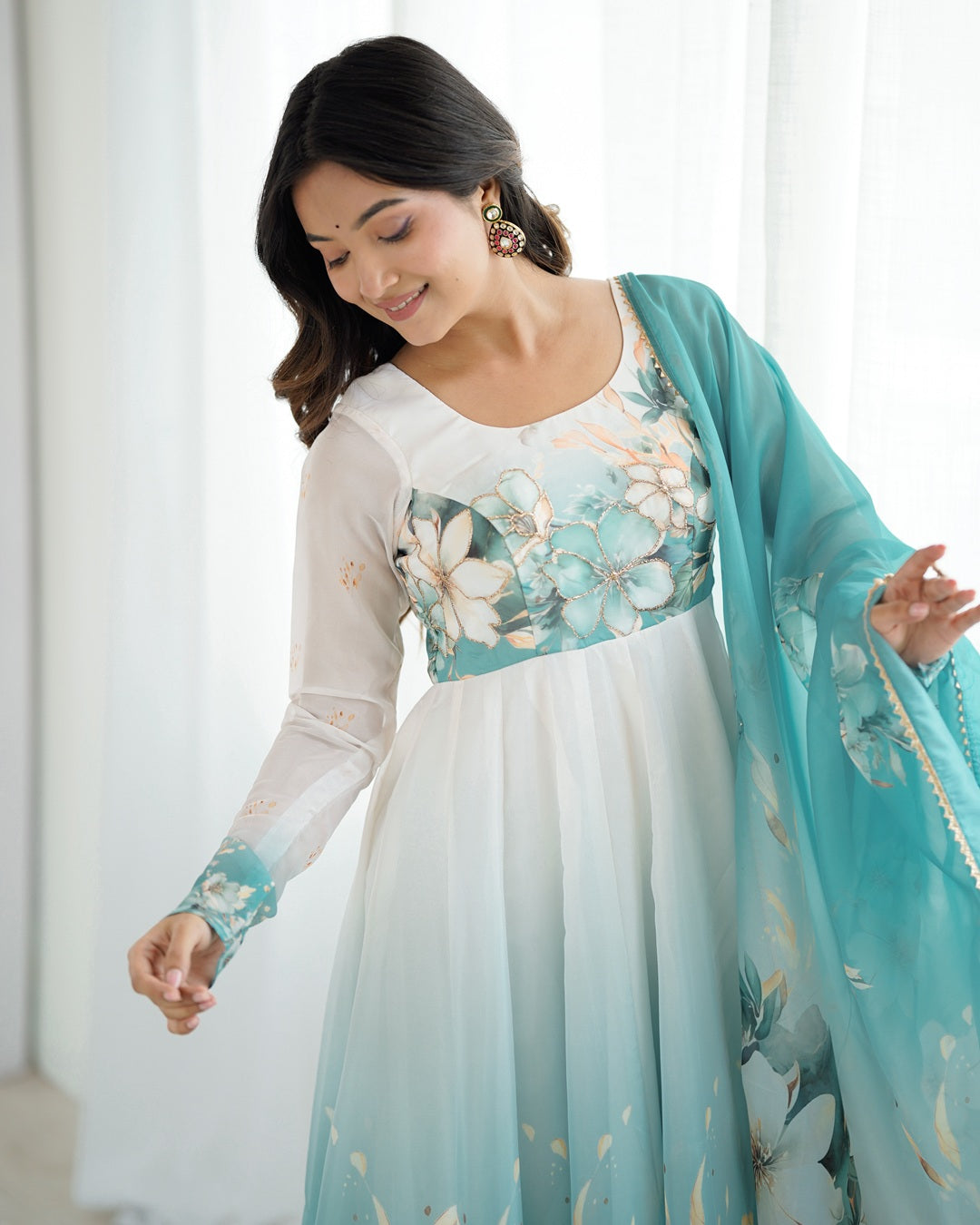 Aqua Blue Floral Print Organza Anarkali Suit (3-Piece Set)