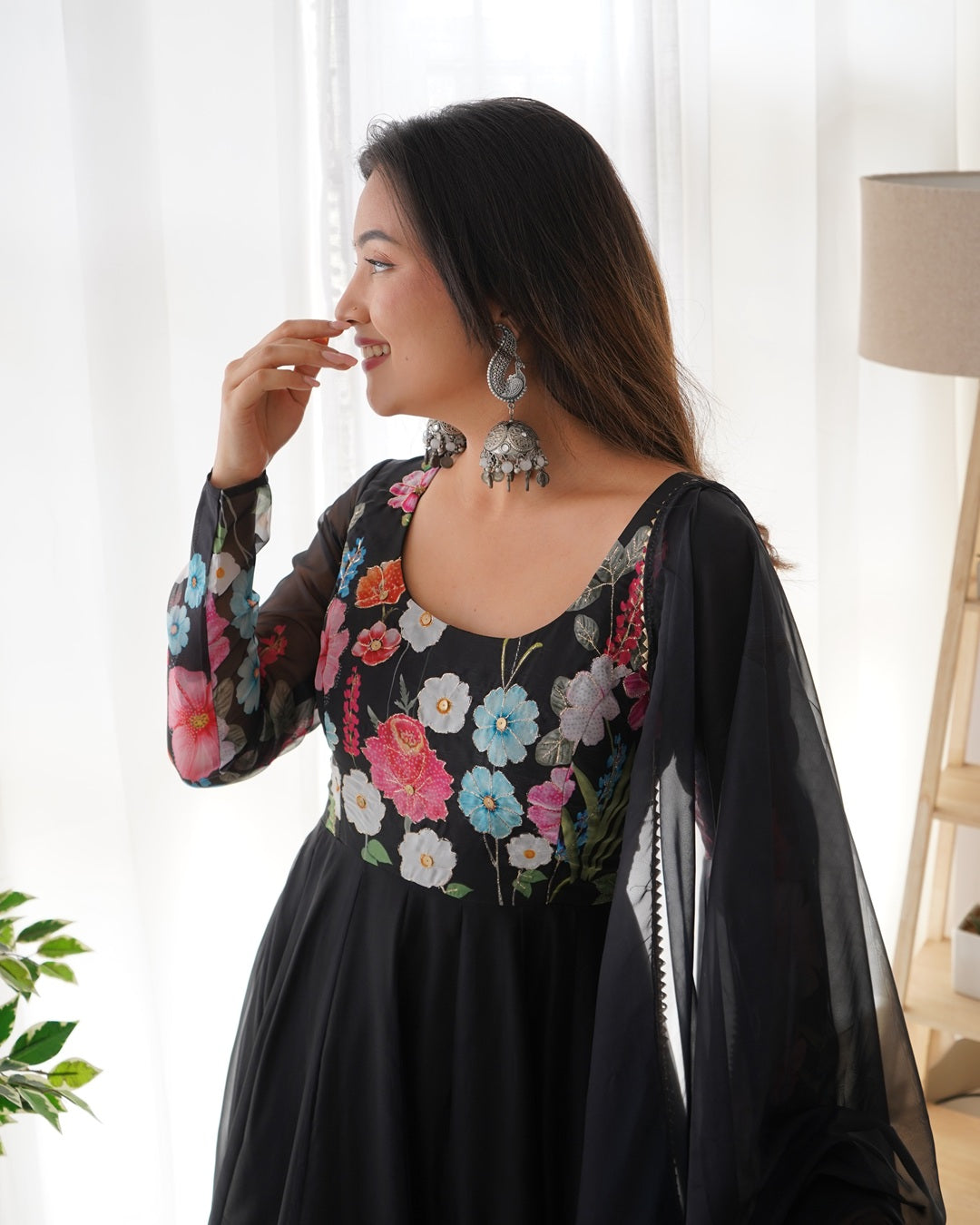 Black Floral Print Organza Three Piece Anarkali Suit