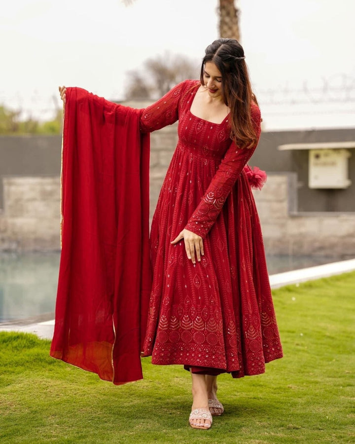 Maroon Georgette Suit Set with Elegant Embroidery
