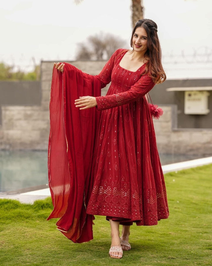 Maroon Georgette Suit Set with Elegant Embroidery