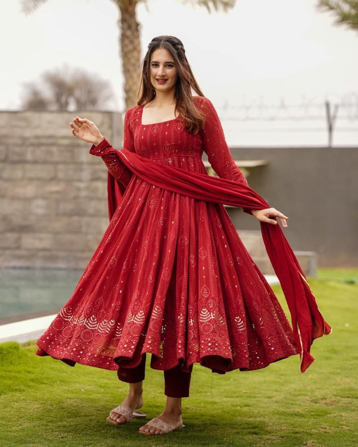 Maroon Georgette Suit Set with Elegant Embroidery