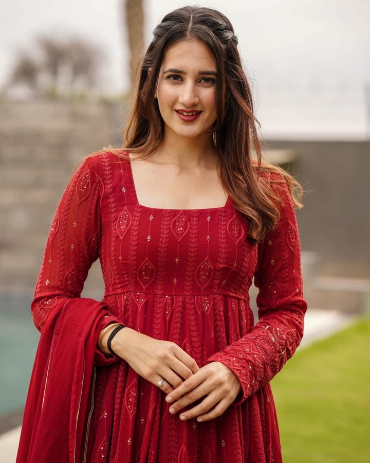 Maroon Georgette Suit Set with Elegant Embroidery