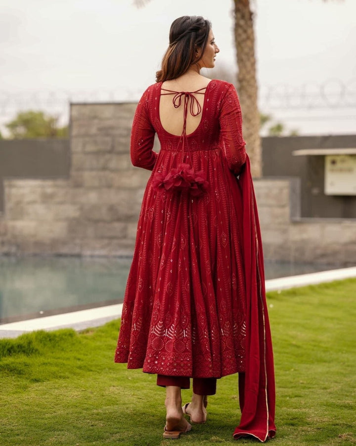 Maroon Georgette Suit Set with Elegant Embroidery