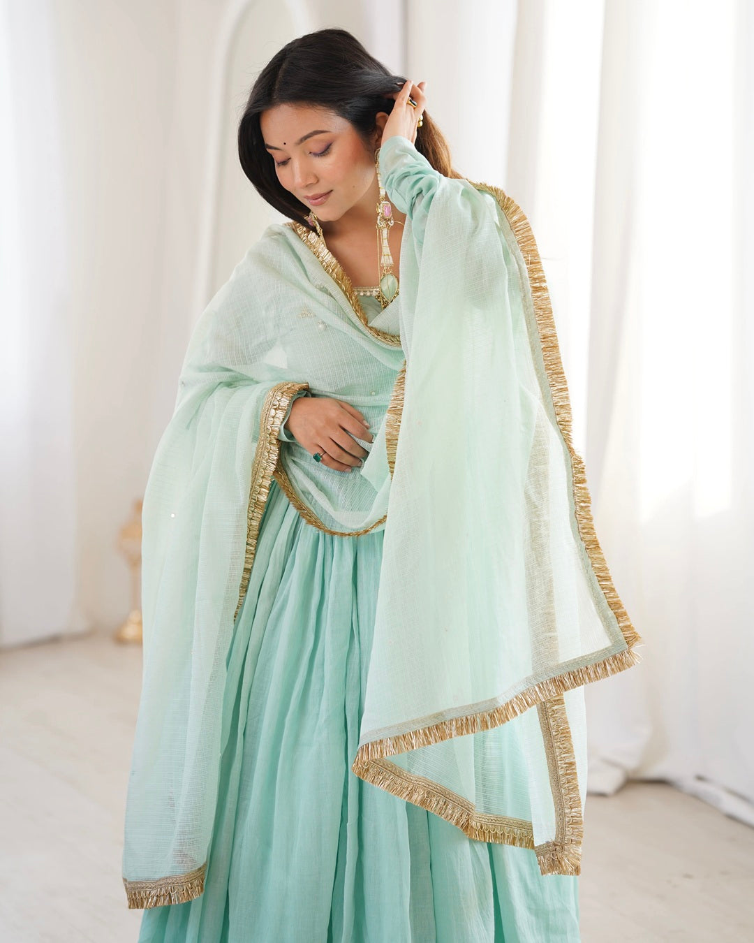 Pastel Blue Faux Georgette Anarkali Style Three Piece Set | Elegant Ethnic Party Wear Suit