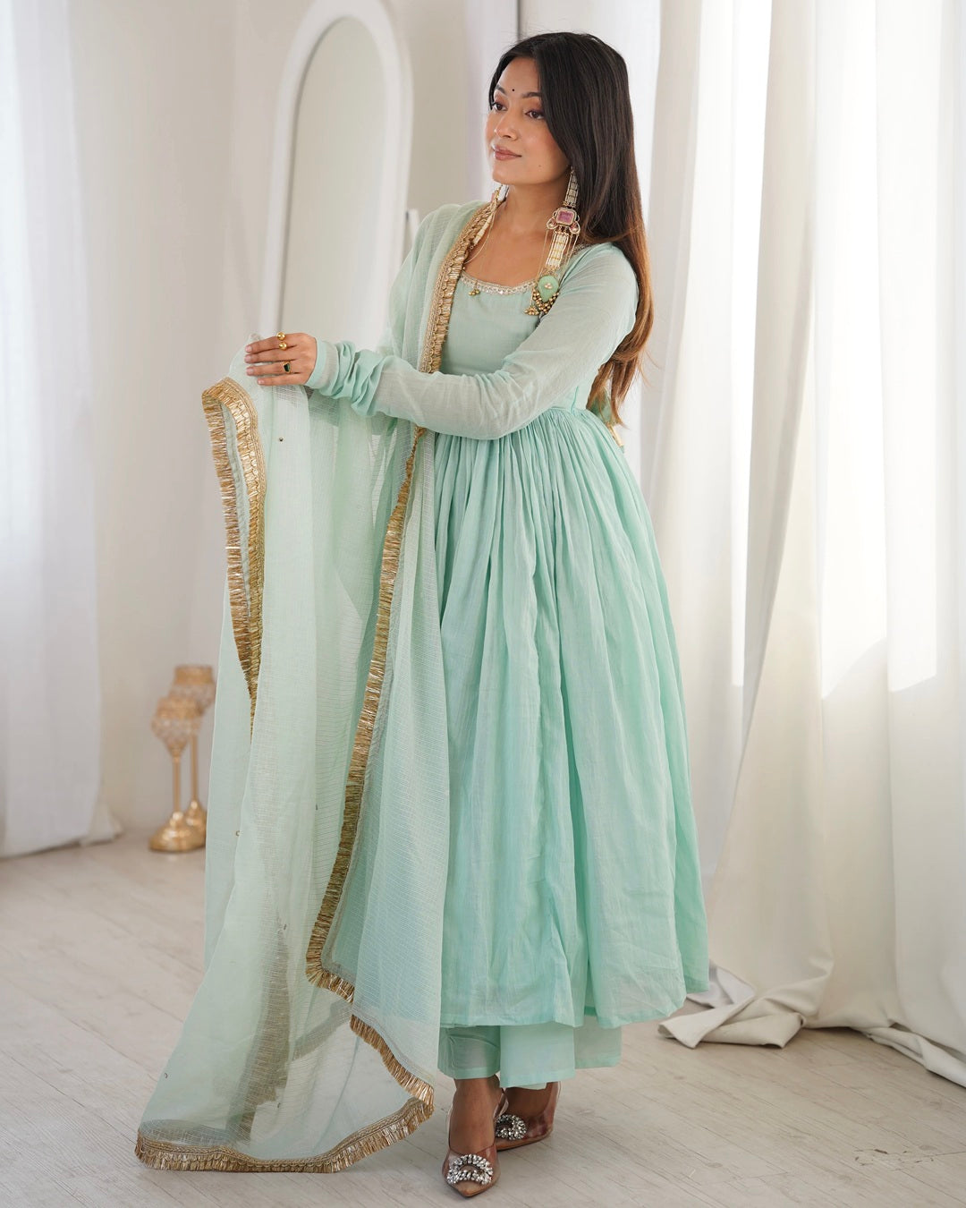 Pastel Blue Faux Georgette Anarkali Style Three Piece Set | Elegant Ethnic Party Wear Suit