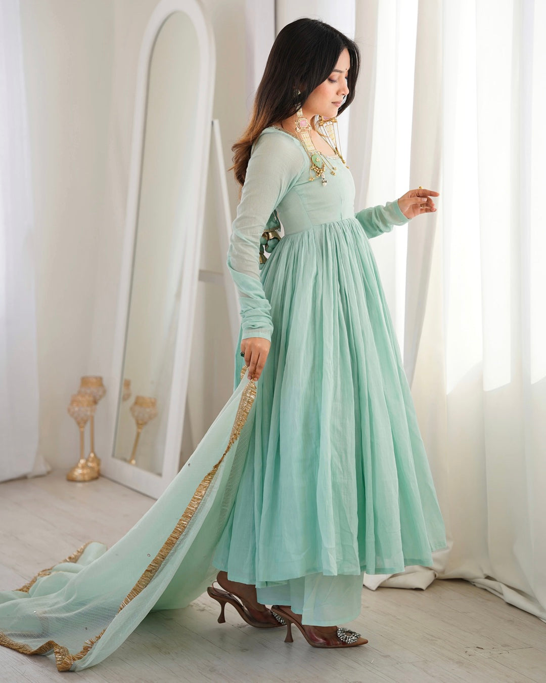 Pastel Blue Faux Georgette Anarkali Style Three Piece Set | Elegant Ethnic Party Wear Suit