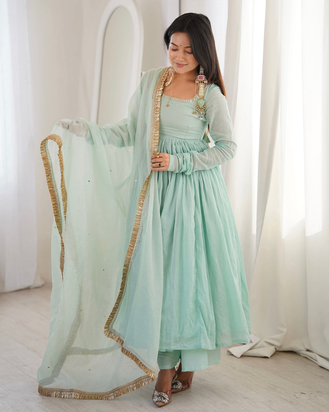Pastel Blue Faux Georgette Anarkali Style Three Piece Set | Elegant Ethnic Party Wear Suit