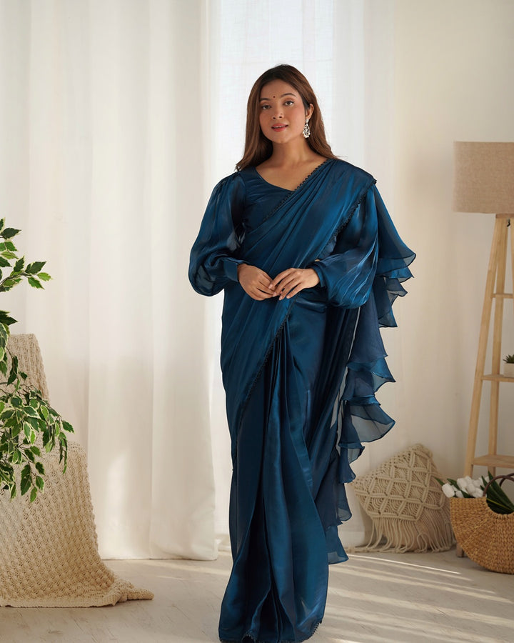 Teal Blue Color Jimmy Choo Pre Draped Saree