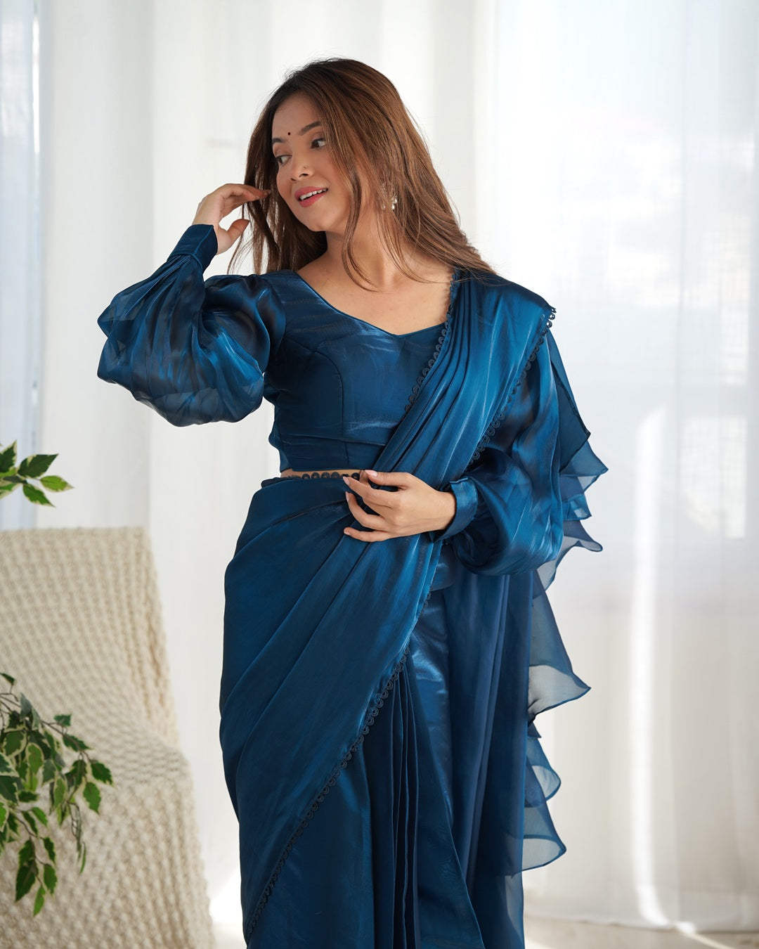 Teal Blue Color Jimmy Choo Pre Draped Saree