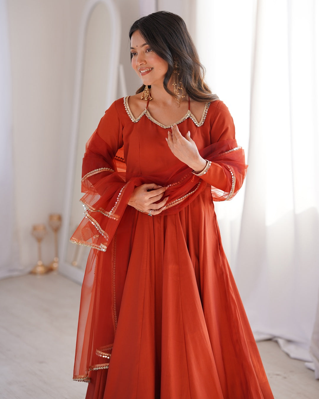Rust Chanderi Roman Silk Anarkali Suit Set – Festive Designer Three Piece Ethnic Wear