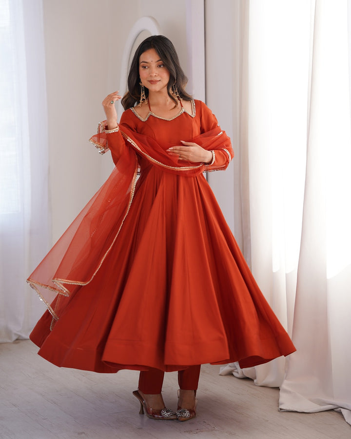 Rust Chanderi Roman Silk Anarkali Suit Set – Festive Designer Three Piece Ethnic Wear