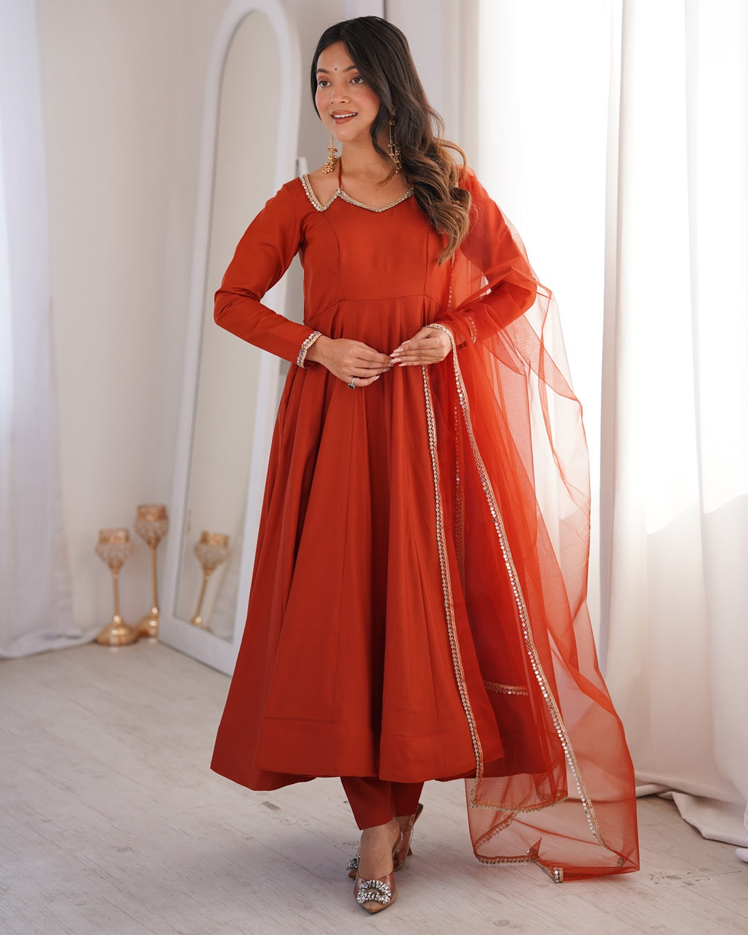 Rust Chanderi Roman Silk Anarkali Suit Set – Festive Designer Three Piece Ethnic Wear