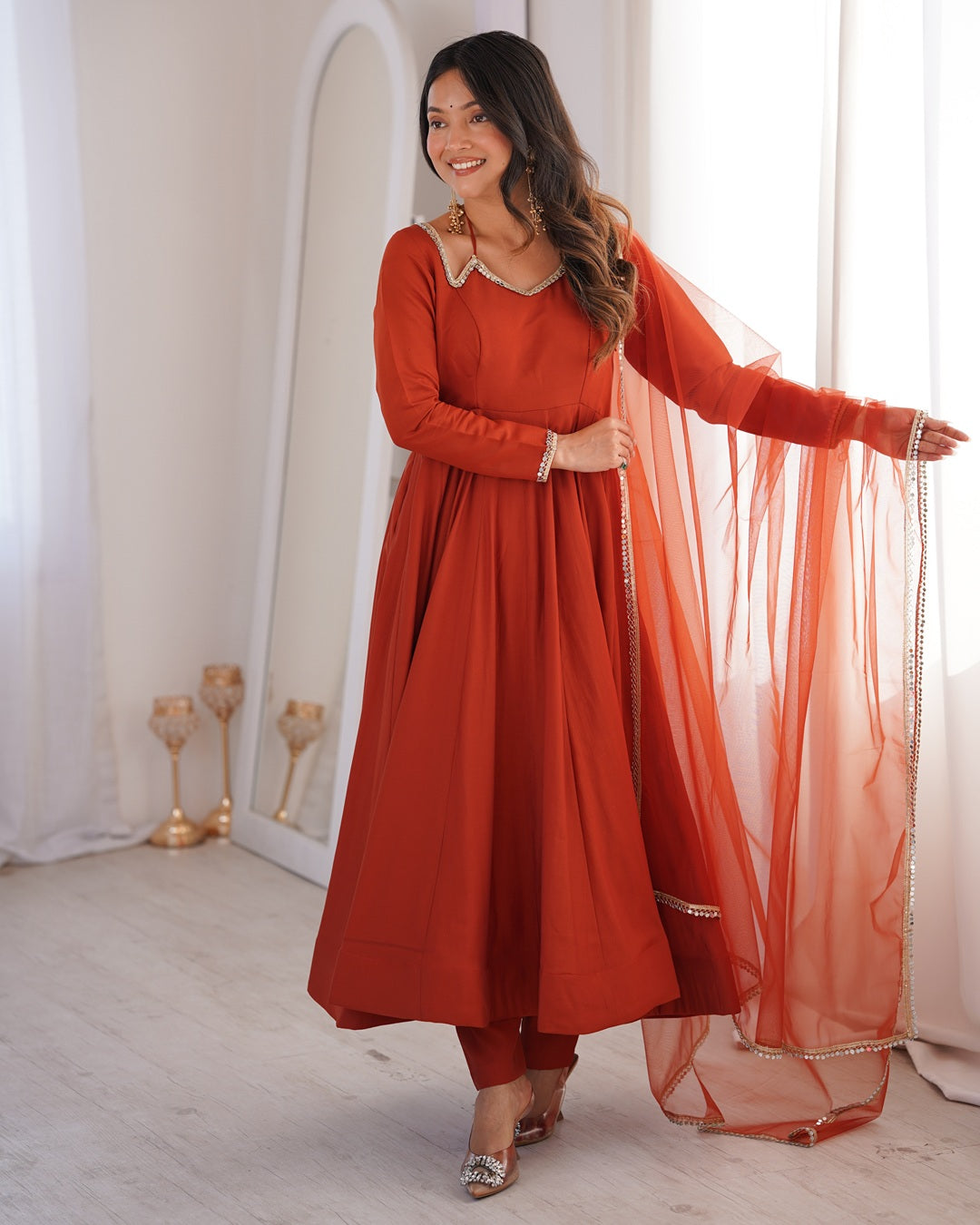 Rust Chanderi Roman Silk Anarkali Suit Set – Festive Designer Three Piece Ethnic Wear