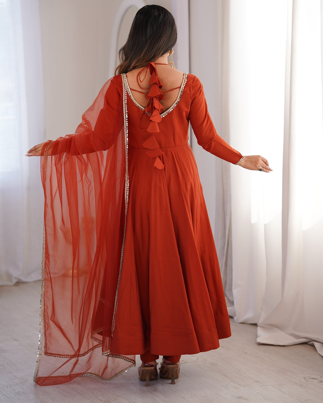 Rust Chanderi Roman Silk Anarkali Suit Set – Festive Designer Three Piece Ethnic Wear