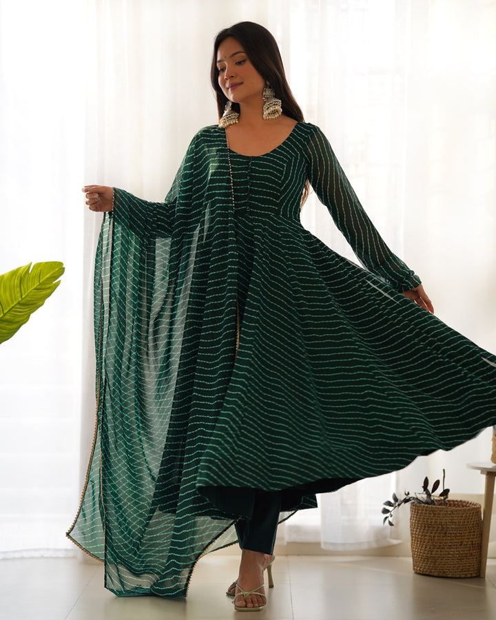 Green Color Laheriya Print Georgette Three Piece Anarkali Suit