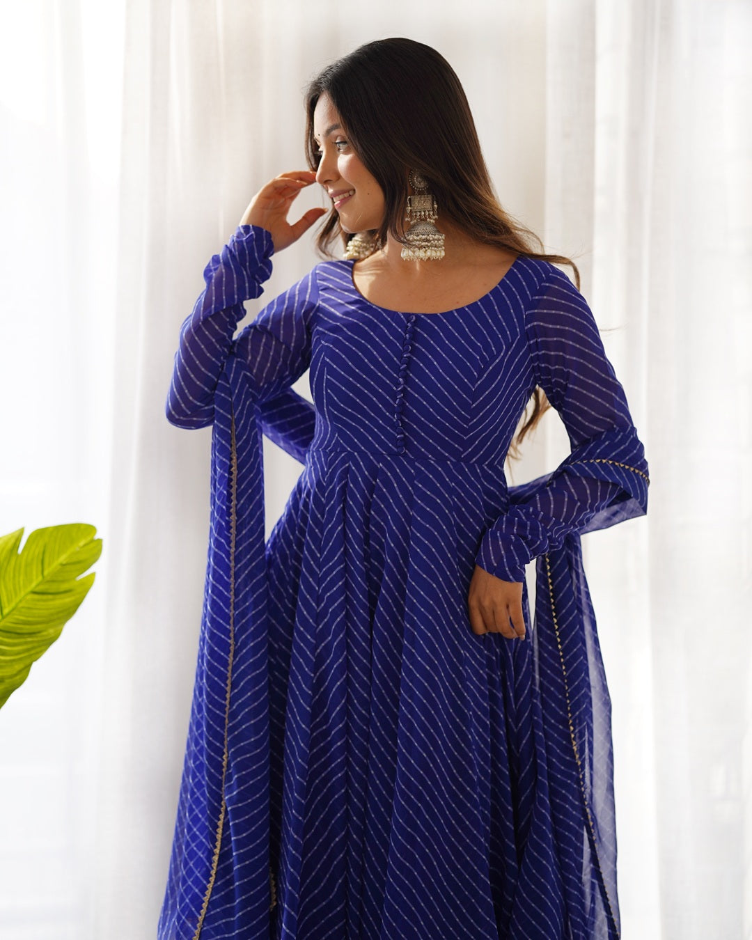 Royal Blue Color Laheriya Print Georgette Three Piece Anarkali Suit