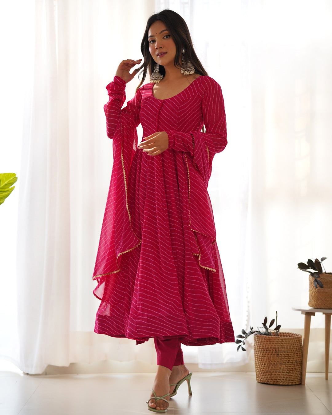 Rani Pink Color Laheriya Print Georgette Three Piece Anarkali Suit