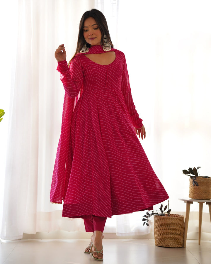 Rani Pink Color Laheriya Print Georgette Three Piece Anarkali Suit