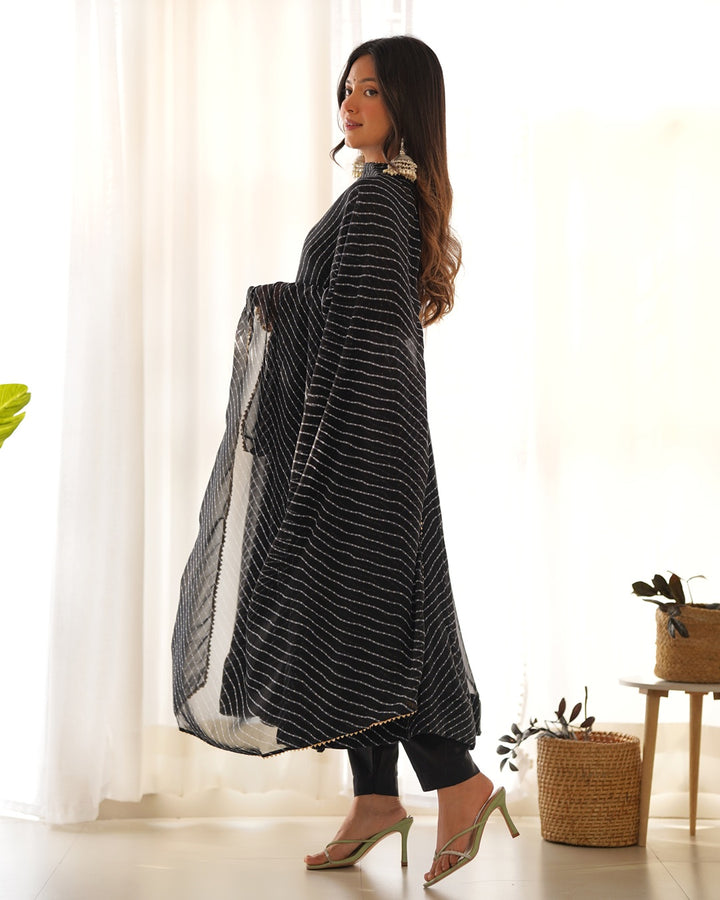 Black Color Laheriya Print Georgette Three Piece Anarkali Suit