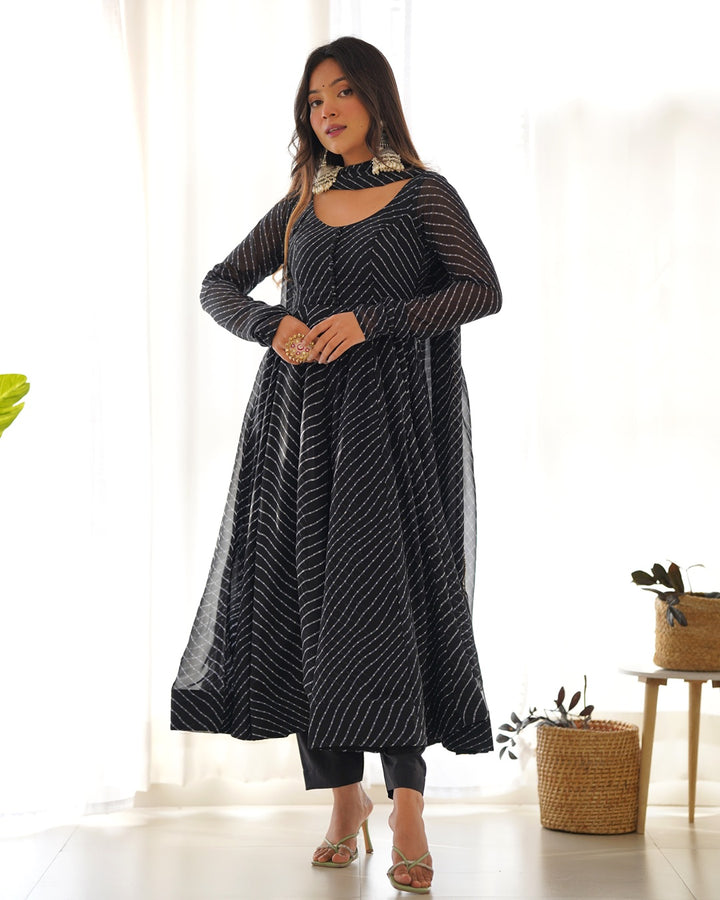 Black Color Laheriya Print Georgette Three Piece Anarkali Suit