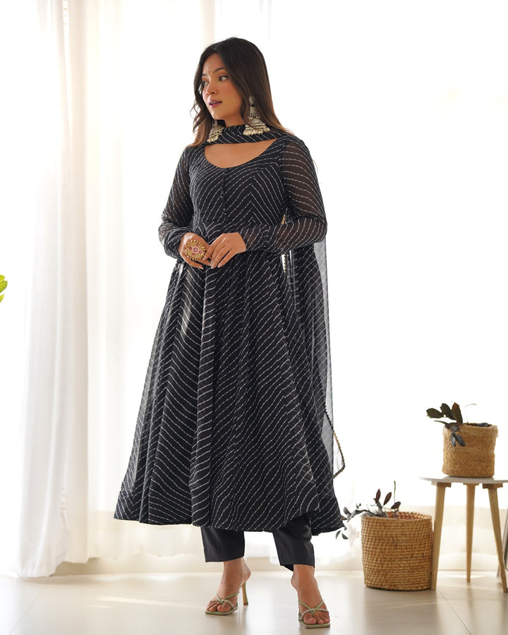 Black Color Laheriya Print Georgette Three Piece Anarkali Suit