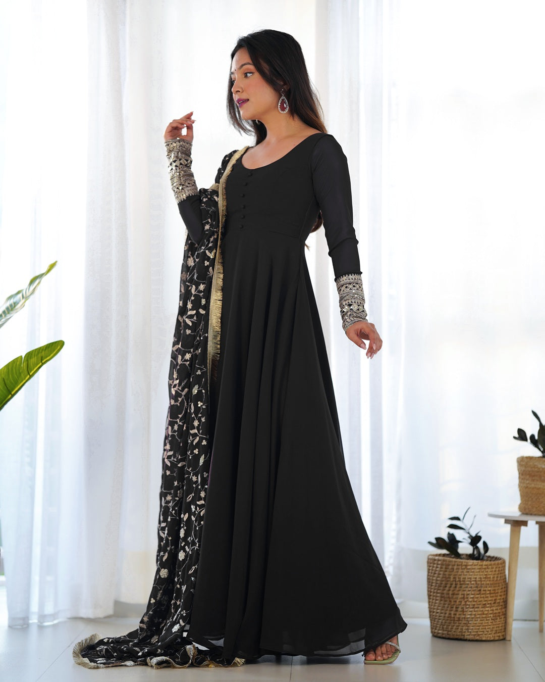 Black Color Soft Georgette Anarkali Gown With Heavy Embroidery Work Dupatta