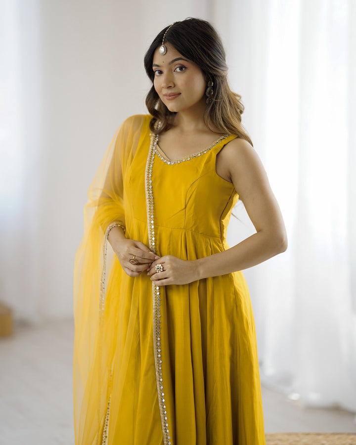 Haldi Chanderi Silk Anarkali with Dupatta & Pants