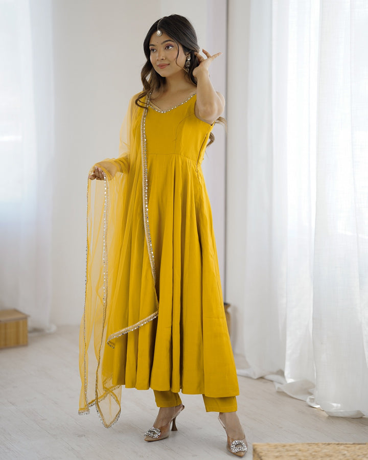 Haldi Chanderi Silk Anarkali with Dupatta & Pants