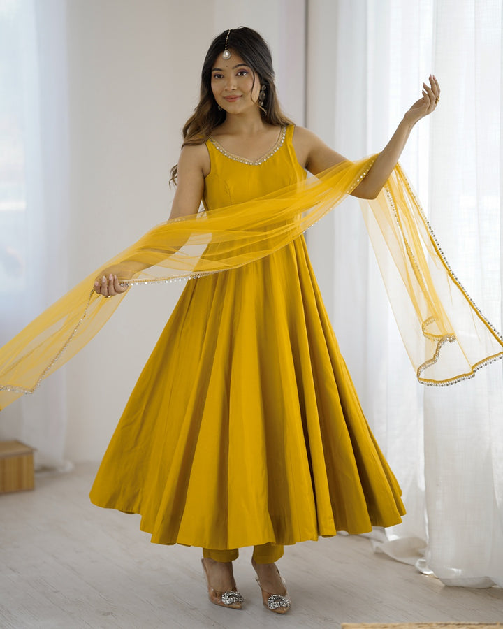 Haldi Chanderi Silk Anarkali with Dupatta & Pants