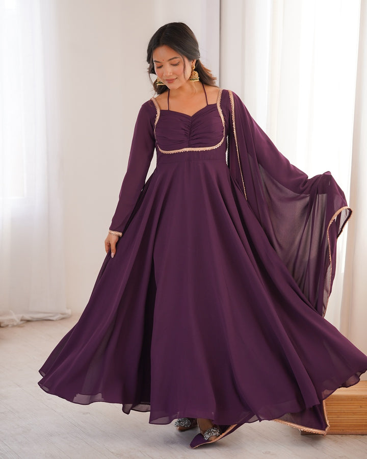 Wine Color Pure Blooming Georgette Anarkali Gown – Designer Party & Festive Wear